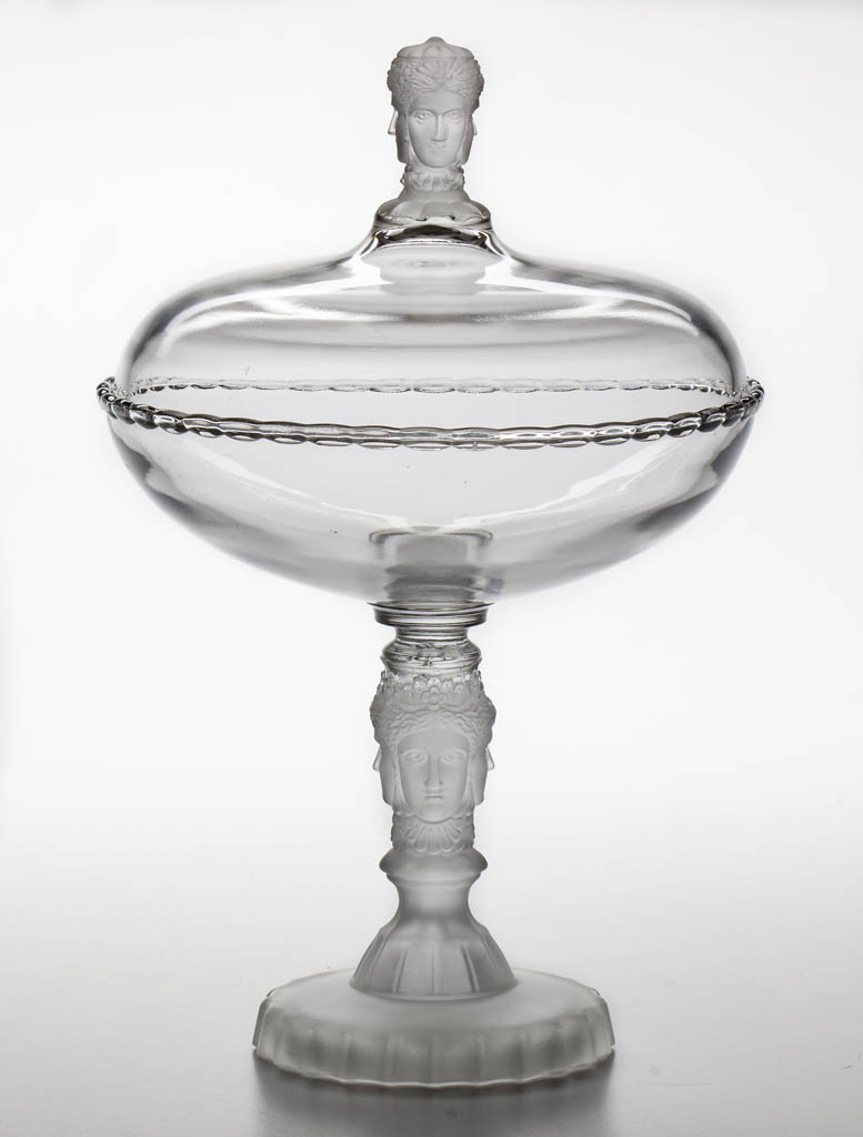 Three Face 8 1/2 inches diameter elliptical-form covered compote, circa 1880. Price realized: $2,457. Jeffrey S. Evans & Associates image 