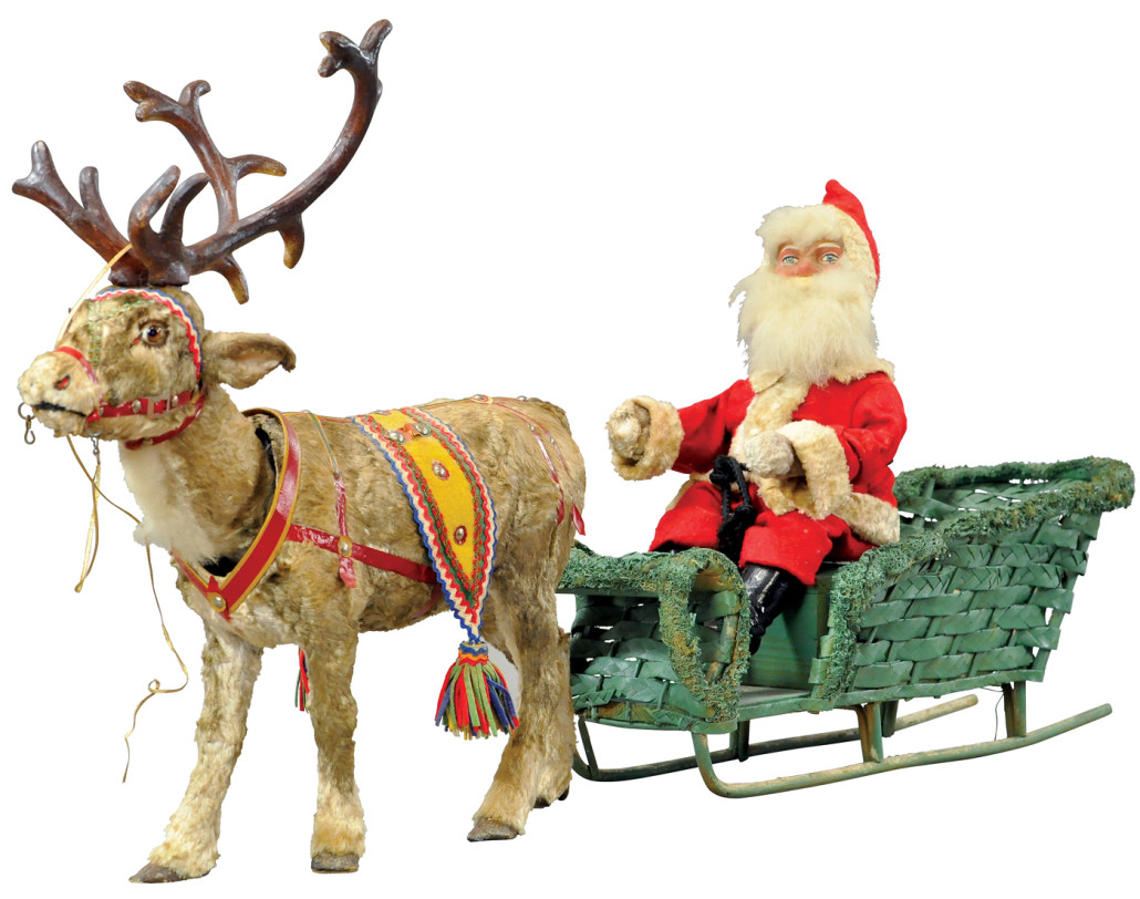 FAO Schwarz nodding Santa in large wicker sled pulled by nodding reindeer, est. $5,000-$7,500