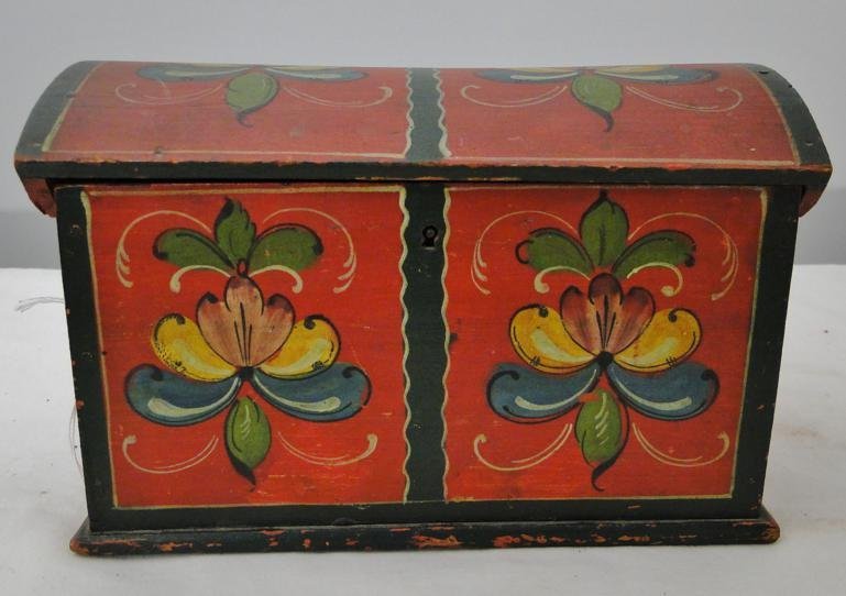 Norwegian Tina box/miniture dome-top trunk in original paint with rosemaling decoration, 6 inches high x 5 inches deep x 9 inches wide. Cedarburg Auction & Estates Sales image