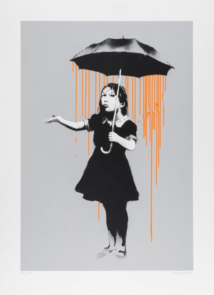 Banksy (British, b. 1970-), NOLA (Orange Rain), $50,025. Image courtesy of LiveAuctioneers and Forum Auctions