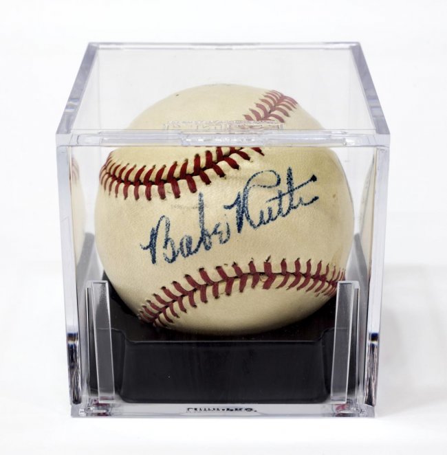 Legendary New York Yankees slugger Babe Ruth signed this baseball in 1947, the year before he died. Authenticated by leading authentication services, the ball sold for $20,570 to a LiveAuctioneers bidder. Austin Auction Gallery image. 