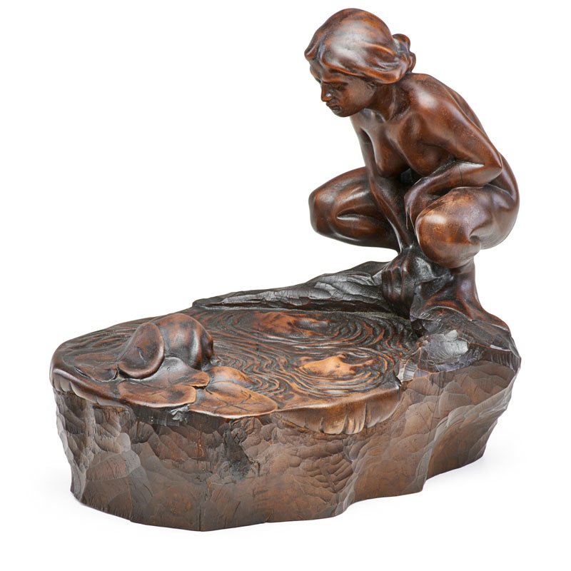 Francois-Rupert Carabin (1862-1932), ‘Femme et Grenouille,’ Symbolist sculpture,France, 1907, carved and stained wood, 12 1/2 x 13 x 9 inches. Price realized: $150,000. Rago Arts and Auction Center image