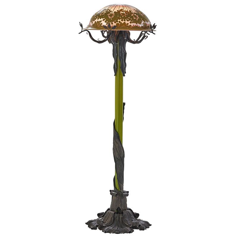 Rare Gallé floor lamp, France, early 20th century, acid-etched and wheel-polished glass, blown glass, patinated metal, three sockets, shade signed Gallé, 70 1/2 x 24 inches. Price realized: $312,500. Rago Arts and Auction Center image