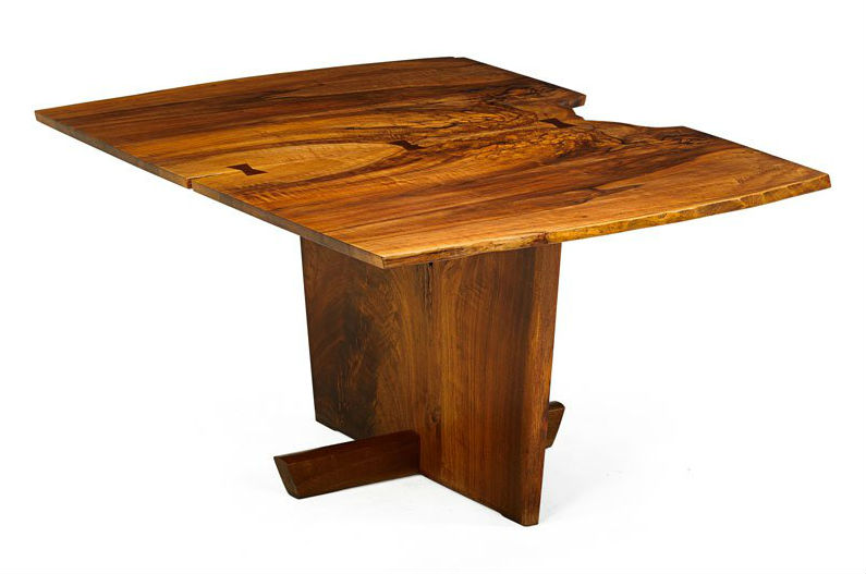 George Nakashima (1905-1990) Minguren I dining table, 1986, book-matched and figured Persian walnut, rosewood, 28 1/2 x 60 x 44 inches. Price realized: $30,000. Rago Arts and Auction Center image
