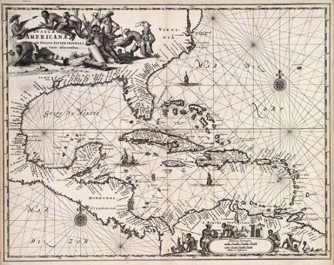 ‘Insulae Americanae in Oceano Septentrionali, cum Terris adiacentibus’ follows the coastline from Chesapeake Bay to northern South America. Published by Arnoldus Montanus in Amsterdam in 1671, this map measures 11.2 x 14.25 inches. Estimate: $700-$1,200. Jasper52 image