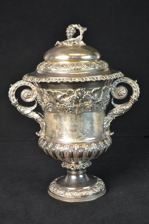 George IV sterling silver loving cup and cover by Rebecca Emes and Edward Barnard, approximately 14 inches high. English hallmarks indicate the trophy was made in 1822. Estimate: $4,000-$8,000. Keystone Auctions image