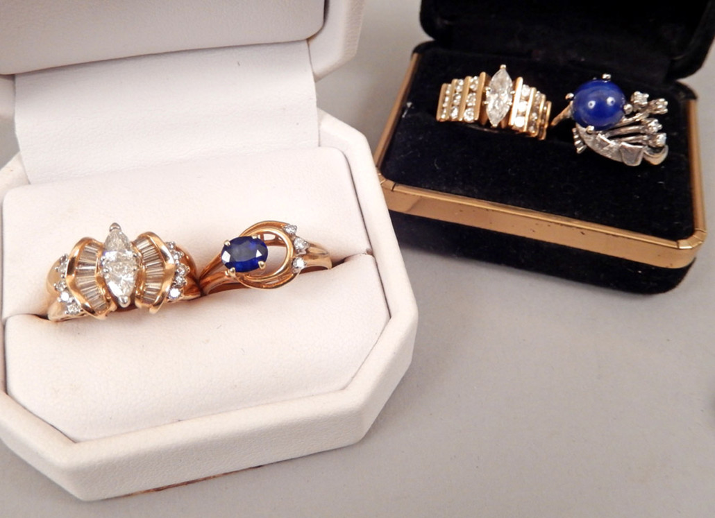 14K gold rings set with diamonds and other gemstones