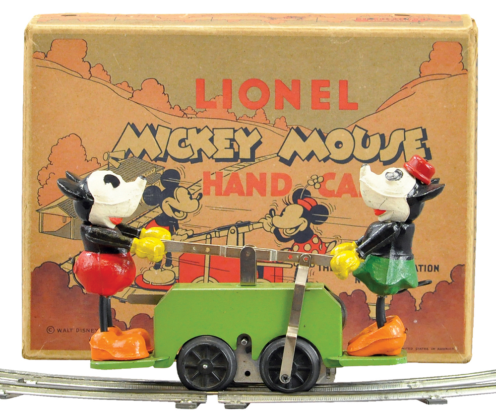 Boxed Lionel Mickey Mouse Handcar, copyright Walt Disney, composition figures, scarce apple green version, est. $1,000-$1,500