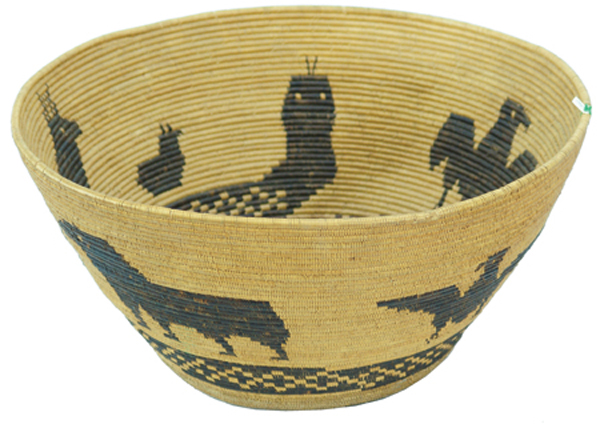 Beautiful early 1900s mission basket, 8 inches by 15 inches, exhibiting a fine and consistent weave. Estimate: $12,500-$25,000. Allard Auctions Inc. image