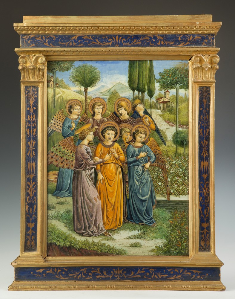 Pair of 19th century majolica plaques (one shown), done in the manner of Benozzo Gozzoli (Italian, 1421-1497), 18 inches by 13 inches. Price realized: $42,550. Cottone Auctions image