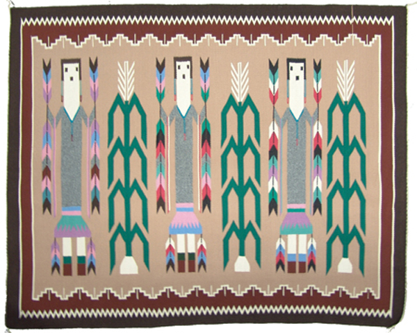 Fine weave pictorial Navajo woven rug by Lena Poyer, 50 inches by 40 inches, depicting Yei figures, in beautiful earth tones and pastels. Estimate: $3,000-$6,000. Allard Auctions Inc. image
