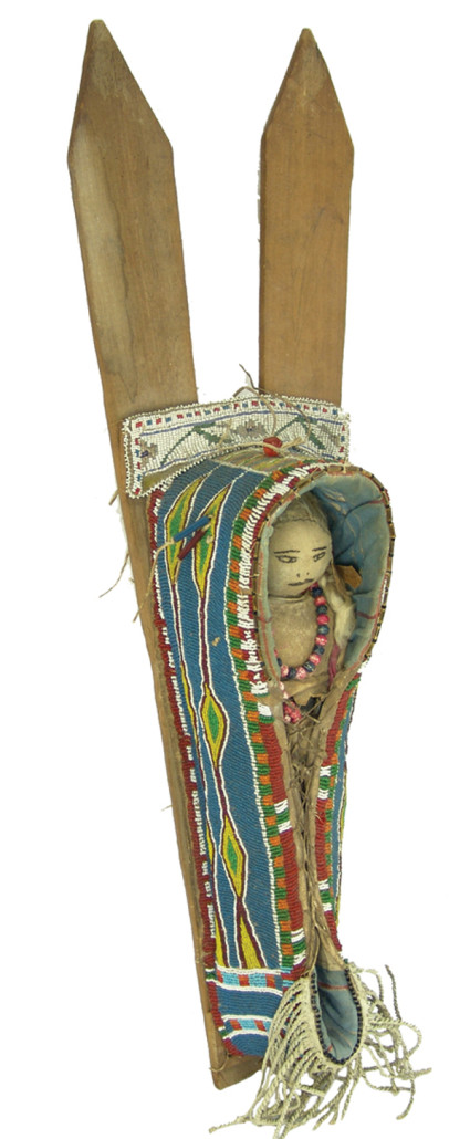 Early 20th century fully beaded Kiowa toy cradleboard is attributed to Atah (1855-1947), with a loomed top strap and original doll. Estimate: $10,000-$20,000. Allard Auctions Inc. image