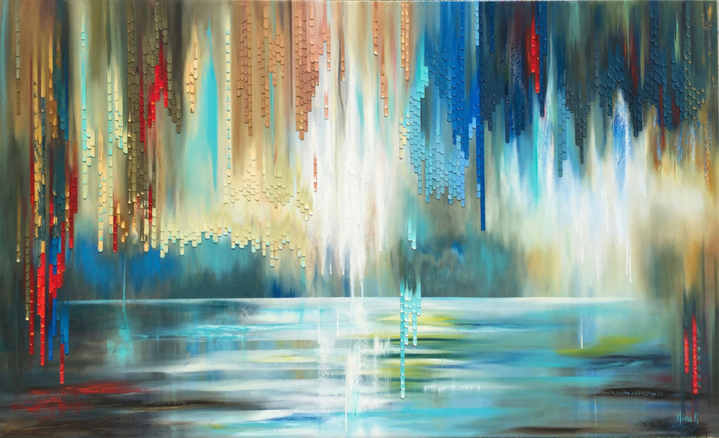Nina K, ‘Celestial Rain,’ oil on canvas, 44 x 72 inches. Image courtesy of the artist