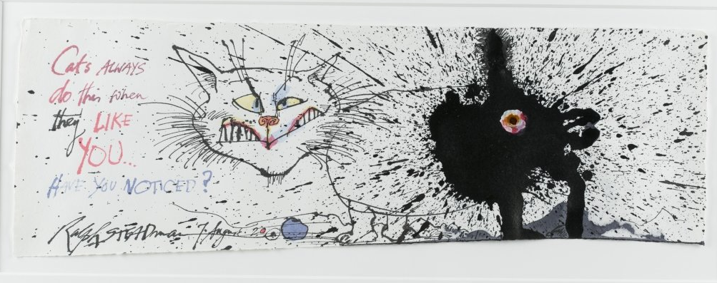 Ralph Steadman (English, b. 1936-), ‘Cats Always Do This When They Like You…Have You Noticed?,’ mixed media on paper, signed and dated 7 August 2000. Size 19 x 32½ in. (framed). Est. $400-$600. Image courtesy of Quinns Auction Galleries