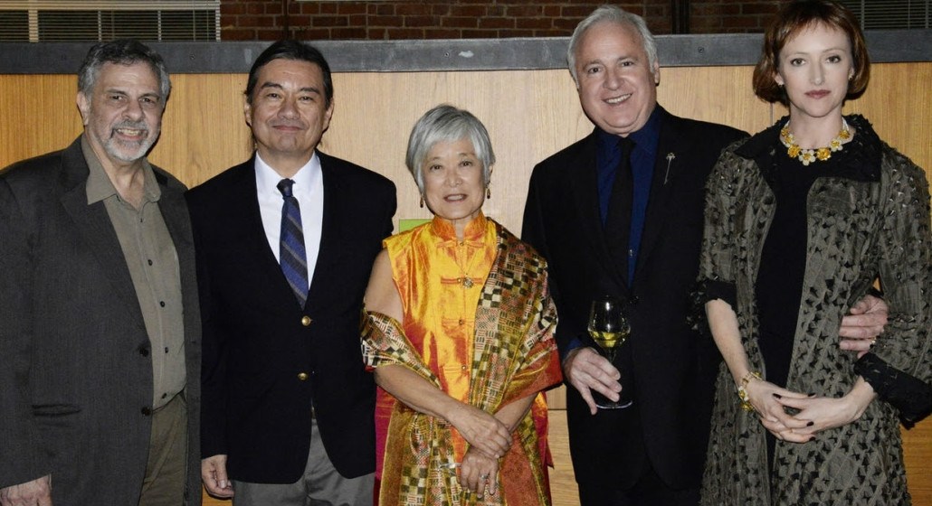 From left: Robert Aibel, John Nakashima, Mira Nakashima, David Rago and Suzanne Perrault. Rago Arts and Auction Center image