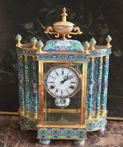 Enameled mantel clock from the Callas home in Tampa, Florida. Est. $200-$500