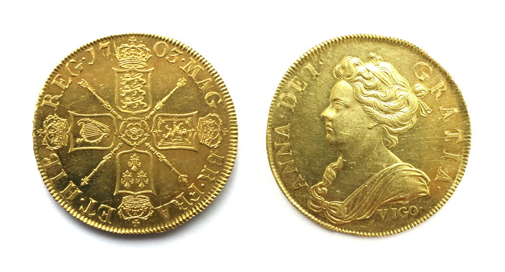 Front and back of 1703 Queen Anne 'Vigo' 5-guinea coin minted from seized Spanish booty, to be auctioned Nov. 16 with $140K-$300K estimate. Image courtesy of Boningtons
