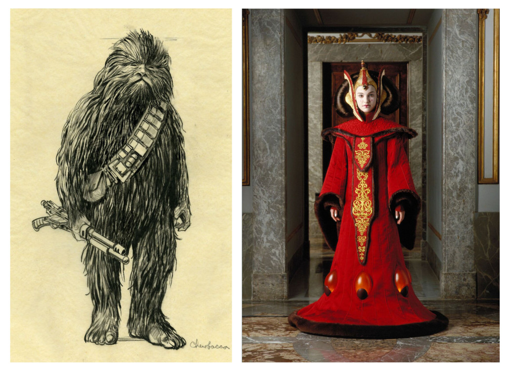 (Left) Concept Art, Chewbacca. Star Wars TM: A New Hope. (Right) Queen Amidala, Throne Room Gown. Star Wars TM: The Phantom Menace. Copyright and TM 2016 Lucasfilm Ltd. All rights reserved. Used under authorization.