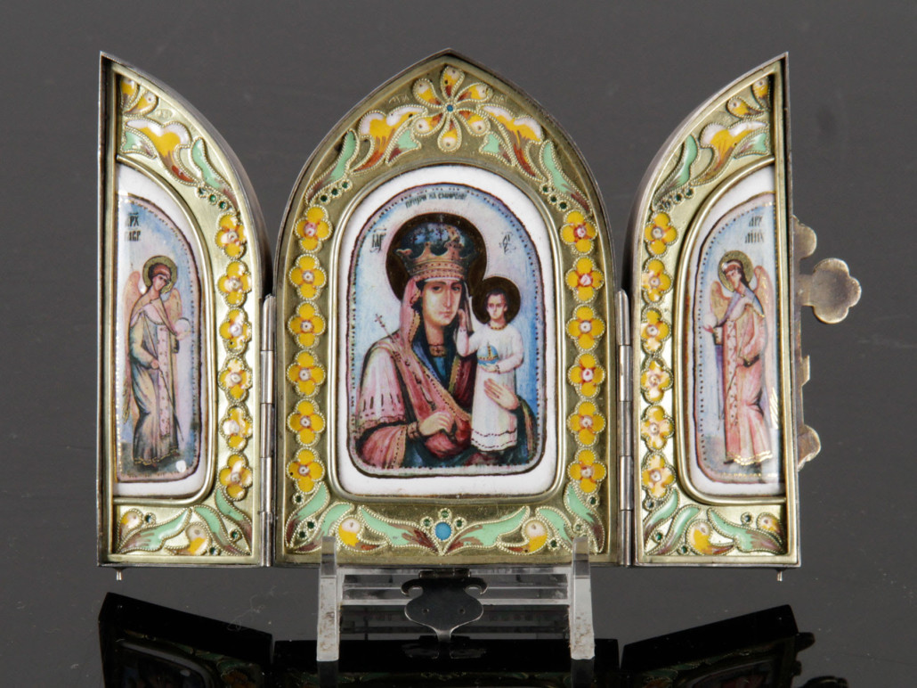 Russian silver enamel icon triptych, marked '84.' Estimate: $2,000-$4,000. Kaminski Auctions image