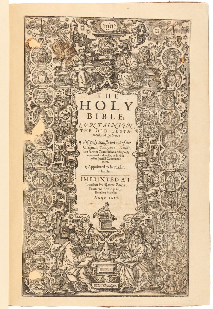 1617 large folio edition of the King James Bible. Estimate: $20,000-$30,000. PBA Galleries 