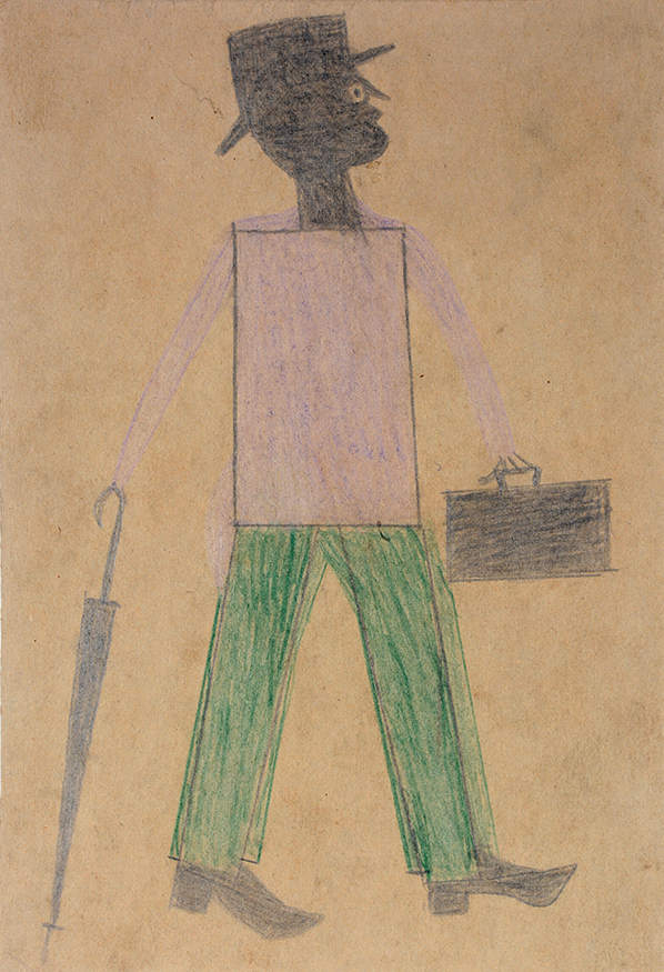 Bill Traylor (1854-1947), ‘Purple And Green Man With Umbrella,’ circa 1939-42, crayon and pencil on cardboard, excellent condition. Estimate: $60,000-$70,000. Slotin Auction image