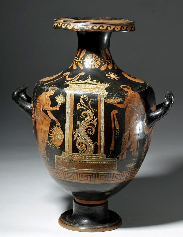 Greek Apulian (Magna Graecia/South Italic) red-figure hydria with a central naiskos depicting a classical temple and two figures honoring a deceased individual, est. $18,000-$25,000