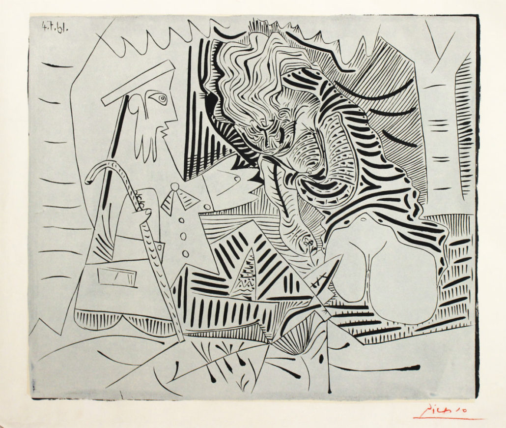 Pablo Picasso, ‘Le déjeuner sur l’herbe,’ after Manet, Mougins, July and November 1961, linoleum cut, unique, 21 x 25 inches, 53 x 64 cm. Fine Art Auctions Miami image