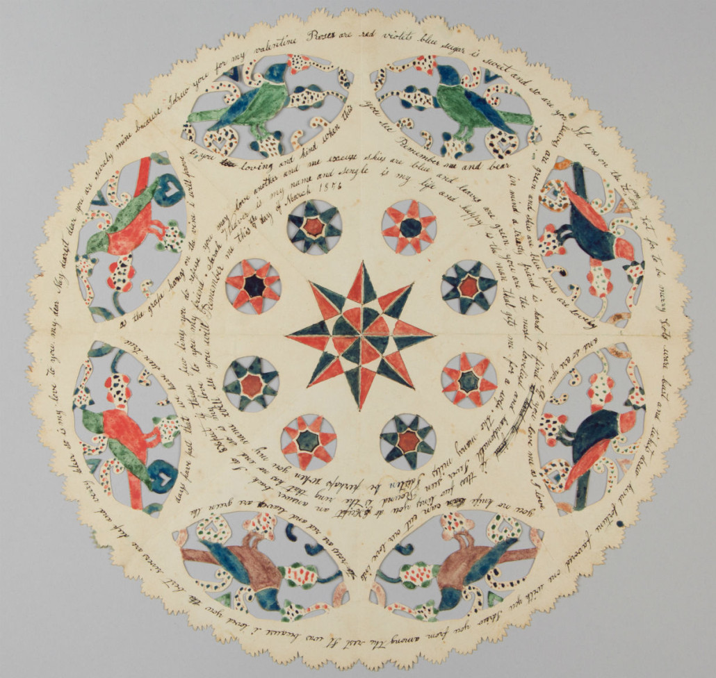 Shenandoah Valley of Virginia folk art cut-work/scherenschnitte watercolor and ink on paper valentine, dated 1856, Sarah Weaver (1839-1918), 13 inches diameter, inscribed ‘Sarah Weaver is my name and single is my life and happy is the man gets me for a wife.’ Estimate: $6,000-$9,000. Jeffrey S. Evans & Associates image
