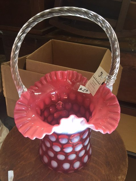 Fenton 14-inch red Coinspot basket, mint with Fenton tag, est. $250-$350
