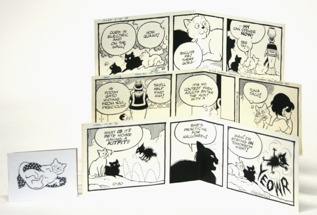 Gus Arriola (Mexican/American, 1978-2008) signed, original cat-theme ink-on-paper art for the Mexican comic strip Gordo that appeared 10/30/1978; accompanied by personal correspondence from the artist, some of it “cat” illustrated; est. $200-$300
