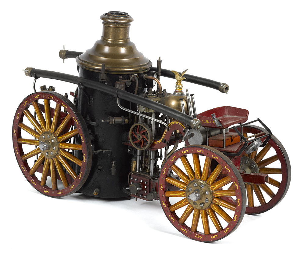 Elaborate craftsman-made model of a circa-1900 horse-drawn fire pumper with hoses, steam gauges on boiler, steel-rimmed wood wheels, and maker’s plate reading ‘F.W. Balcom, 1955,’ est. $12,000-$18,000