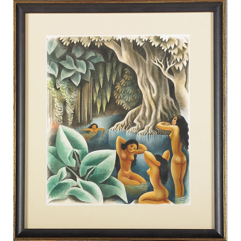 Miguel Covarrubias (Mexican, 1904-1957) ‘Bathing in the River,’ watercolor and gouache on paper, 10 1/2 x 8 3/4 inches. Price realized: $40,650. Rago Arts and Auction Center image