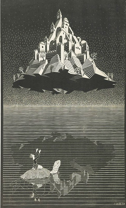 M.C. Escher (Dutch, 1898-1972), ‘Castle in the Air,’ 1928, woodcut, 24 1/2 x 15 inches. Price realized: $36,250. Rago Arts and Auction Center image