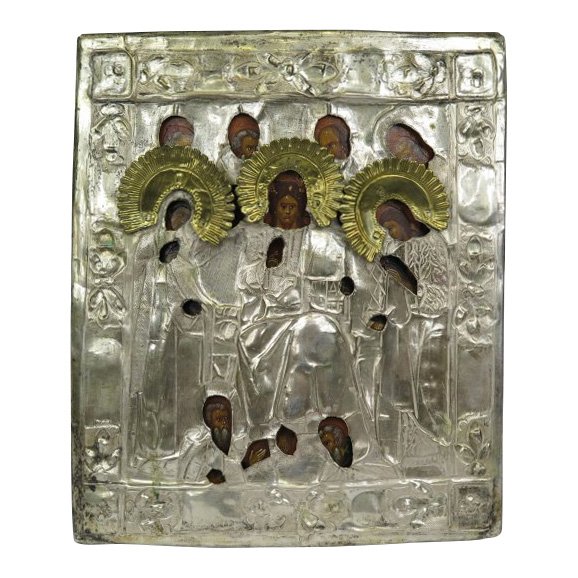 ‘Savior of Smolensk,’ egg tempera and and gesso on wood with silver-plated brass oklad, central Russia, circa 1880, 10 1/2 x 12 1/4 inches. Estimate: $600-$800. Jasper52 image