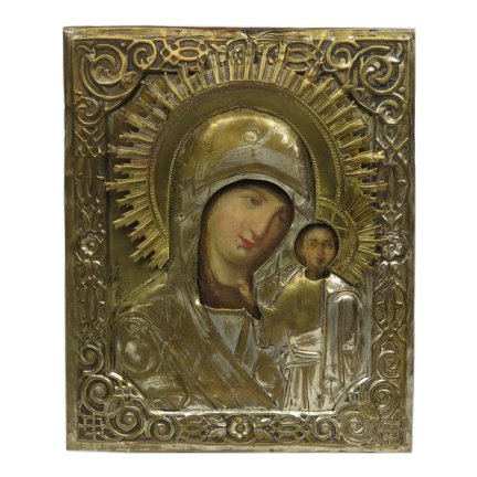 ‘Our Lady of Kazan,’ egg tempera and and gesso on wood with silvered oklad, circa 1880, 8 1/2 x 10 1/2 inches. Estimate: $600-$800. Jasper52 image