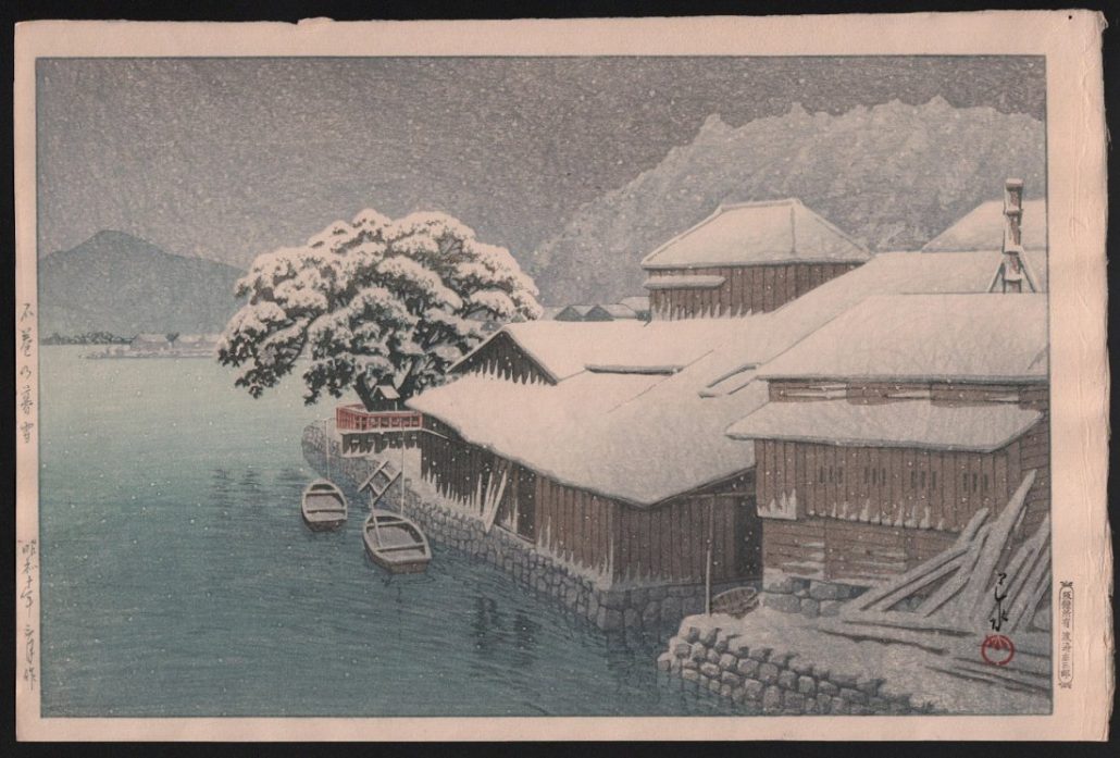 Kawase Hasui, ‘Evening Snow at Ishonomaki (Ishinomaki no bosetsu),’ 1935, Oban design 10 x 15.5 inches. Estimate: $2,800-$3,200. Jasper52 image