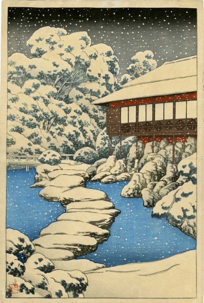 Hasui Kawase, Snow at Pond's Edge,’ 1920, 10.25 x 15 inches, published by Watanabe from the series Mitsubishi Villa at Fukugawa, pre-earthquake edition. Estimate: $5,000-$6,500. Jasper52 image 