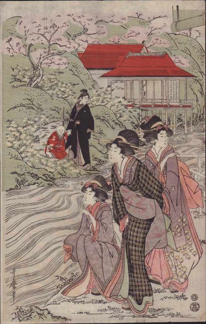 Kitigawa Utamaro, ‘Beauties by River before Cherry Blossoms,’ 1800, Oban design, 10 x 15.5 inches. Estimate: $1,500-$2,000. Jasper52 image 