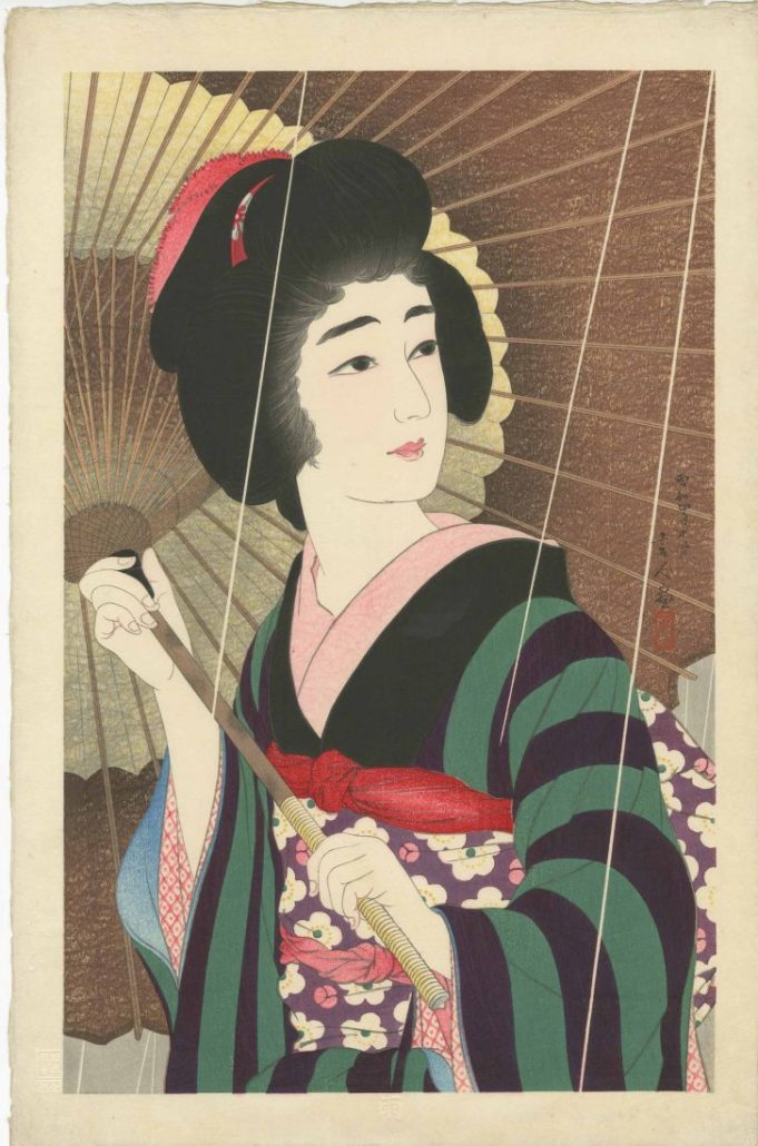 Torii Kotondo, ‘Rain,’ 1930, 11.75 x 18 inches, published by Sakai and Kawaguchi with first edition seal, numbered 104/200, embossed title in bottom margin. Estimate: $6,000-$8,000. Jasper52 image.
