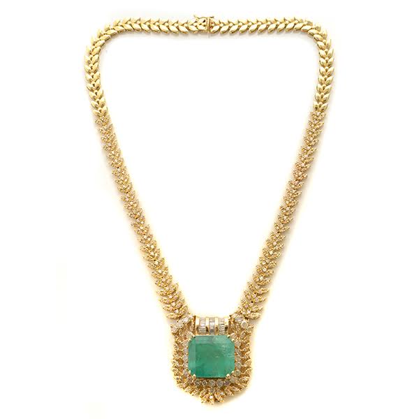 Emerald and diamond 14K yellow gold necklace, estimate $8,000-$12,000