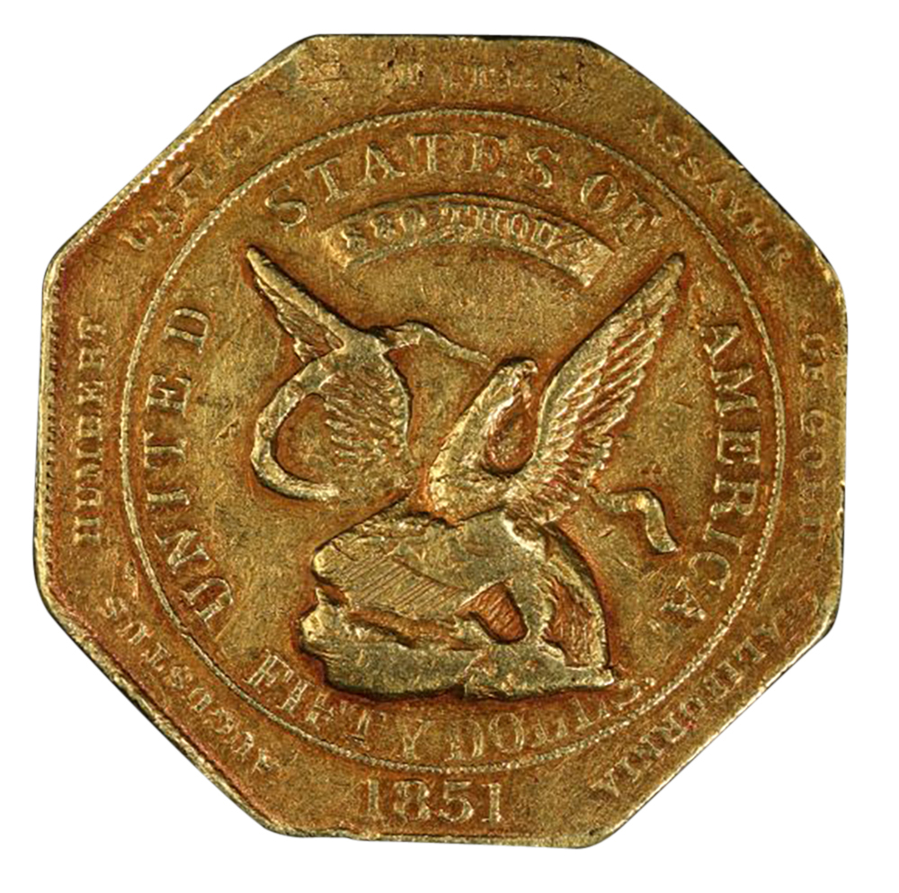 The obverse side of the rare 1851 Humbert $50 gold slug minted in San Francisco. Price realized: $36,300.  Clars Auction Gallery image 