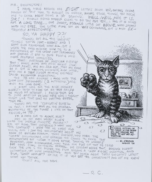 Robert Crumb ‘Bernie the Cat’ drawing with handwritten letter, 2001, est. $300-$500