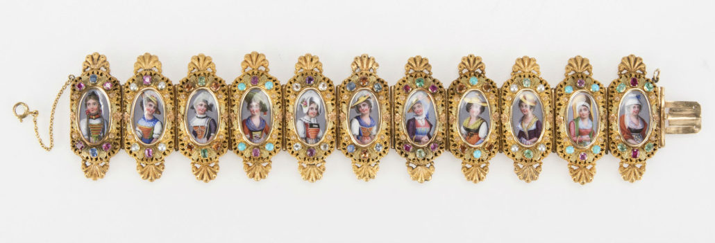 This Swiss gemstone and Geneva enamel bracelet is the flagship lot of the antique jewelry section with an estimate of $8,000-$12,000. John Moran Auctioneers image