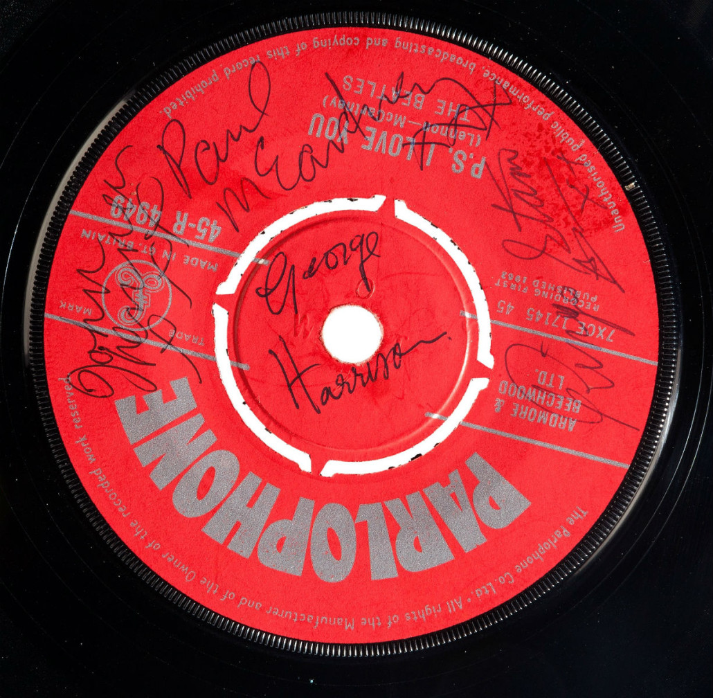 Close-up of Beatles-signed first pressing of 'P.S. I Love You.' Heritage Auctions image 