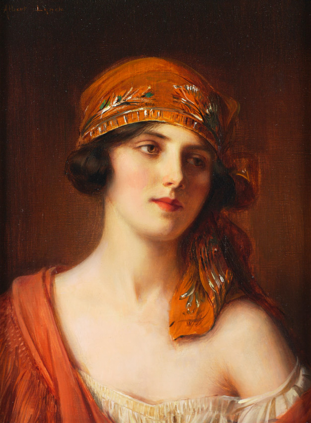 Gorgeous and colorful oil on canvas titled ‘Young Gypsy Girl’ by the artist Albert Lynch. Burchard Galleries image