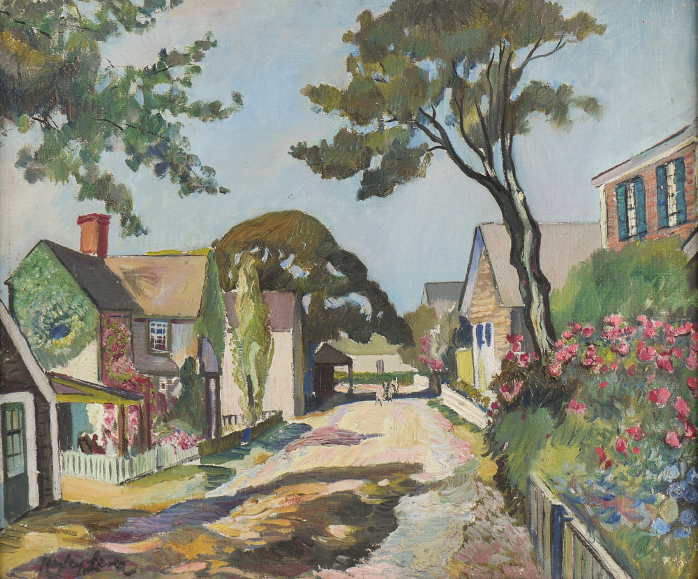 Oil on canvas by Hayley Lever (Australian/American, 1876-1958) titled ‘New England Street Scene,’ signed lower left, housed in gilded frame (est. $2,000-$3,000). Burchard Galleries image
