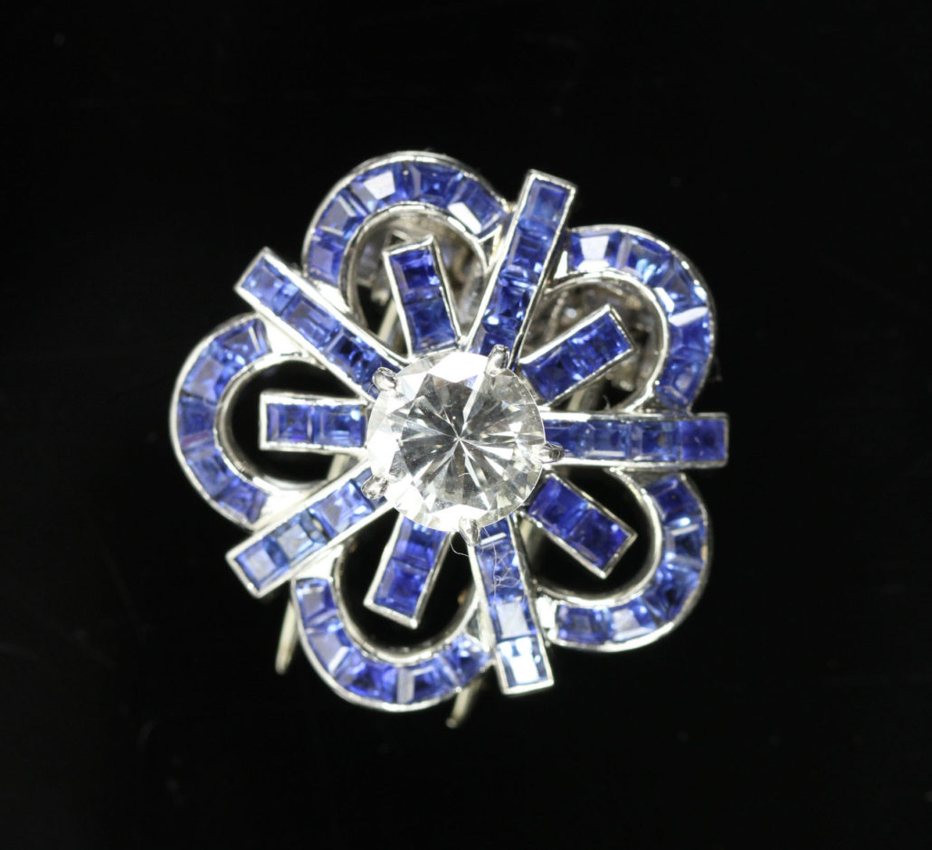 Cartier platinum, sapphire and diamond clip, circa 1920. Kaminski Auctions image