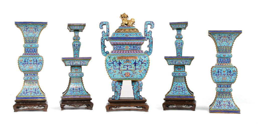 This large cloisonné altar set dating to the Qianlong period is a fine example of Chinese Imperial enamelwork. Estimate: $100,000 to $150,000. John Moran Auctioneers image
