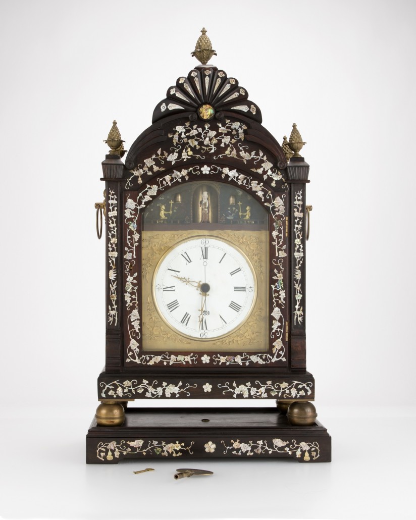 This handsome mother-of-pearl inlaid Chinese export bracket clock carries a $10,000 to $15,000 estimate. John Moran Auctioneers image