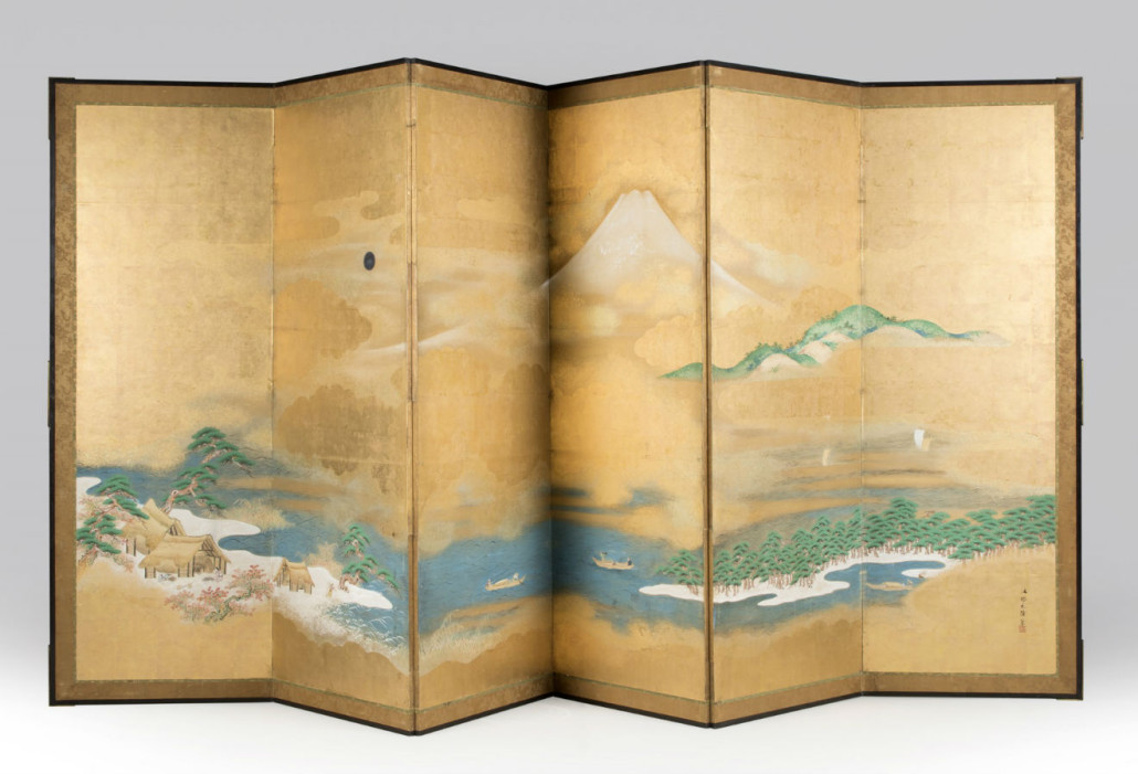 One of the Japanese pieces on offer from the Chandler estate, this six-panel byōbu screen dates to the 18th century or earlier and will likely outstrip its conservative $3,000 to $5,000 estimate. John Moran Auctioneers image